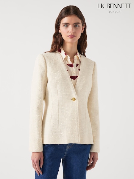 LK Bennett Cream Chloe Cotton Blend Tweed Single Breasted Jacket (F35499) | €499