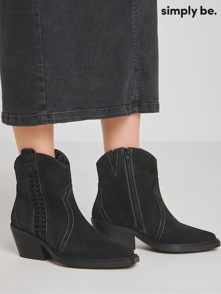 Simply Be Black Braided Western Boots In Extra Wide Fit (F35595) | €83