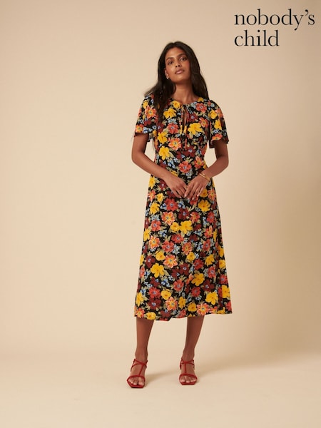 Nobodys Child Orange Agnes Floral Print Anna Midi Dress (F35603) | €87