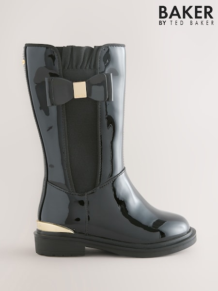 Baker by Ted Baker Girls Patent Tall Knee High Black Boots With Bow (F35751) | €74