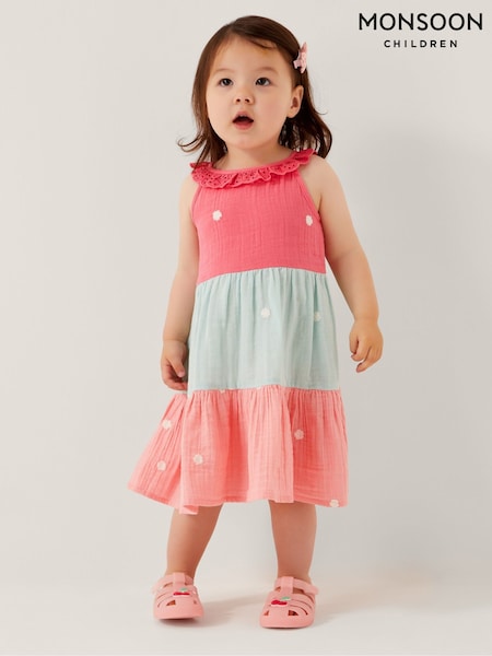 Monsoon Pink Baby Floral Embroidered Tiered 100% Cotton Dress (F35813) | AED156 - AED170