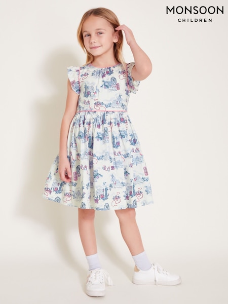 Monsoon White London Print Frilly 100% Cotton Dress (F35822) | €43 - €50