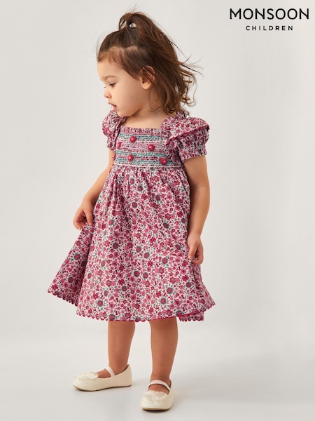 Monsoon Pink Baby Floral Print Smock 100% Cotton Dress (F35827) | € 47 - € 53