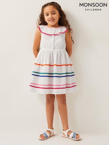 Monsoon White Sleeveless Collared Ric Rac 100% Cotton Dress (F35835) | ₪161 - ₪186