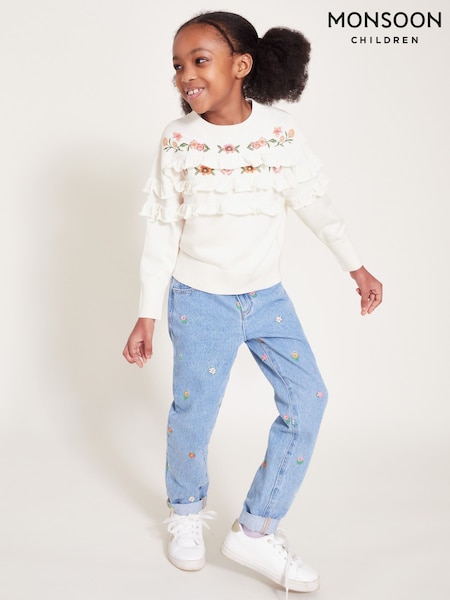 Monsoon Natural Embroidered Frill Knitted 100% Cotton Jumper (F35843) | kr400 - kr457