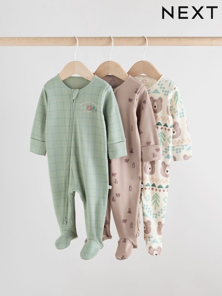 Sage Green Baby Two Way Zip Sleepsuits 3 Pack (0-2yrs) (F35916) | R$ 185 - R$ 205