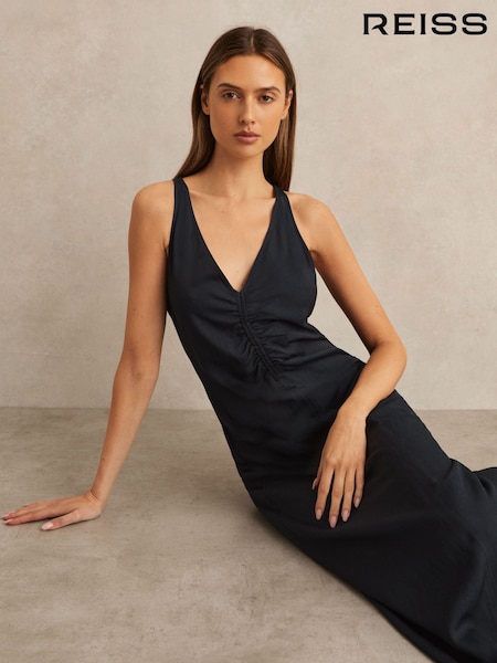 Reiss Navy Pari Petite Ruched Sleeveless Midi Dress With Linen (F35953) | €213