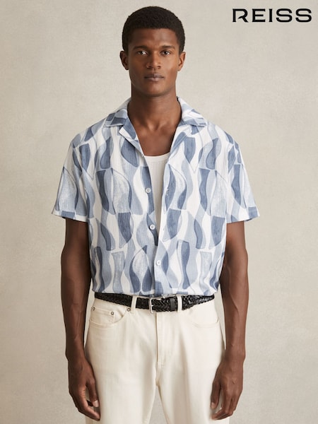 כחול רך - Reiss Taro Printed Textured Cuban-collar Shirt (F35962) | ‏569‏₪