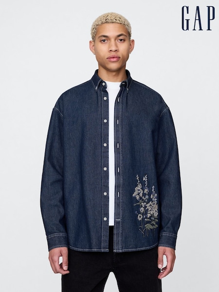 Gap Dark Indigo Blue Embroidered Denim Oversized Shirt (F35984) | €72