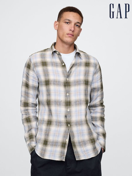 Gap Light Blue Check 100% Linen Long Sleeve Classic Shirt (F35985) | €92