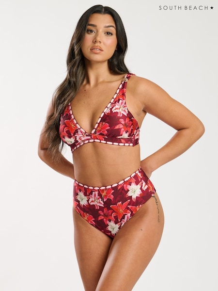 South Beach Red Printed Embroidery Detail High Waist Tummy Control Bikini Set (F35999) | €73