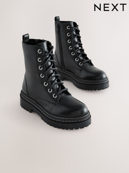 Black Leather Chunky Lace-Up Boots (F36108) | R$ 390 - R$ 460