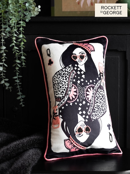 Rockett St George Black Queen Of Clubs Beaded Velvet Cushion (F36133) | AZN 63