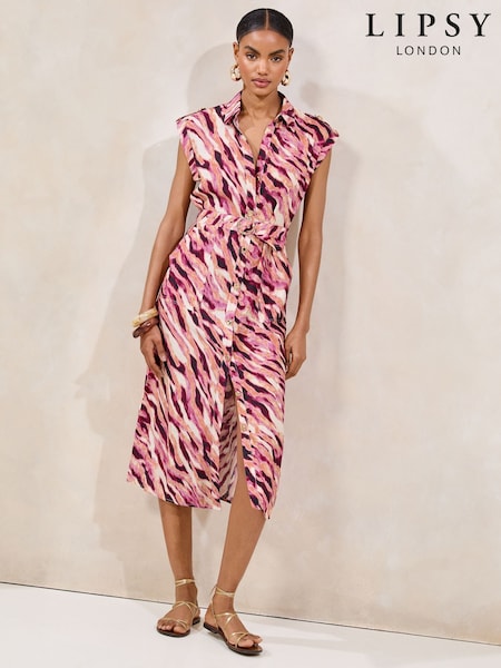 Lipsy Pink Animal Short Sleeve Linen Look Button Down Midi Shirt Dress (F36241) | 292 QAR