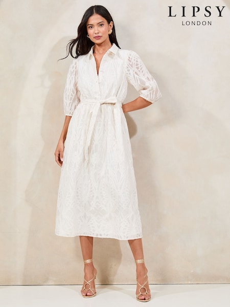 Valkoinen - Lipsy Textured Vyöllinen Midi- Paitamekko (F36243) | €102