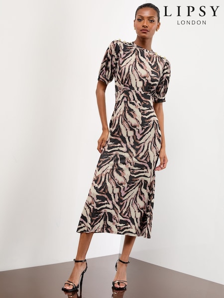 Lipsy Neutral Zebra Print Miitary Button Short Sleeve Midi Jersey Dress (F36245) | €72