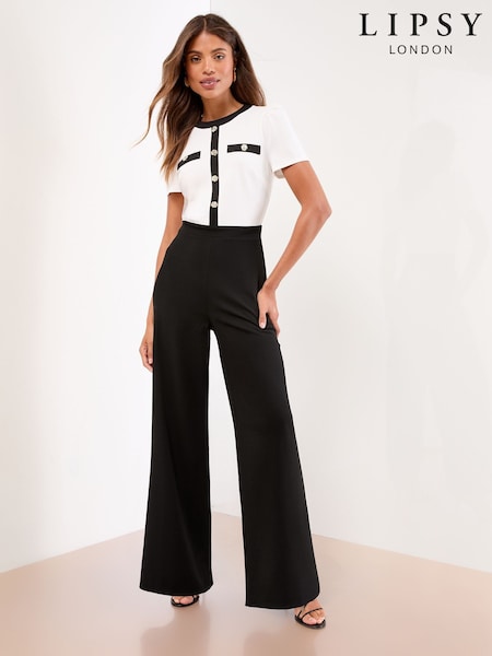 Lipsy Black/White Tipped Military Button Short Sleeve Jumpsuit (F36248) | €86