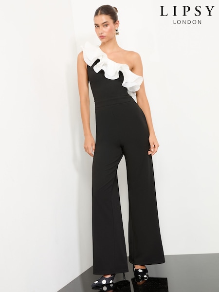 Lipsy Blue/White Ruffle One Shoulder Jumpsuit (F36250) | OMR36