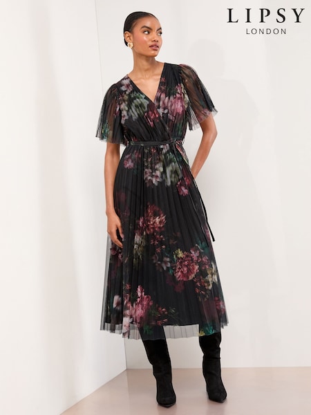 Lipsy Black Floral Pleated Mesh Short Sleeve V-Neck Midi Dress (F36261) | €93