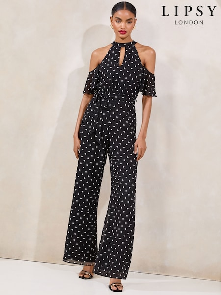 Lipsy Blue/White Polka Dot Cold Shoulder Jumpsuit (F36293) | €89