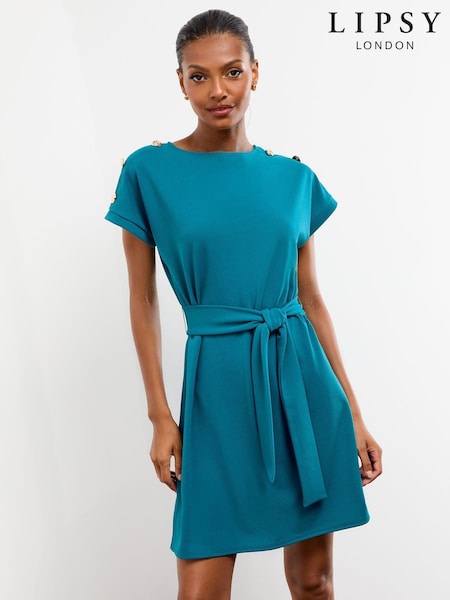 Lipsy Teal Blue Military Button Tie Belt Mini Shift Dress (F36298) | 2,944 UAH