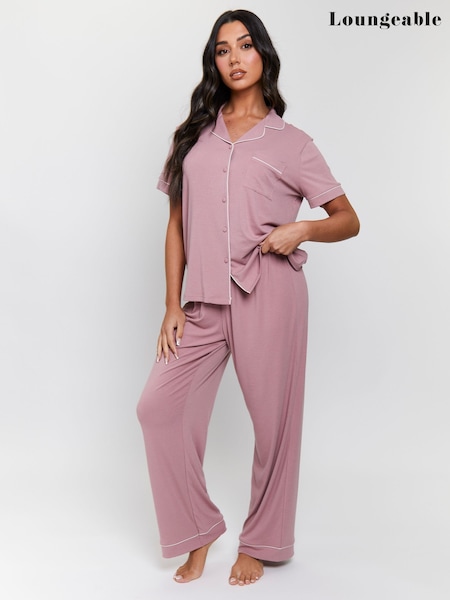 Rosa - Loungeable Rib Short Sleeve Traditional Shirt and Long Pyjamas (F36299) | R$ 315