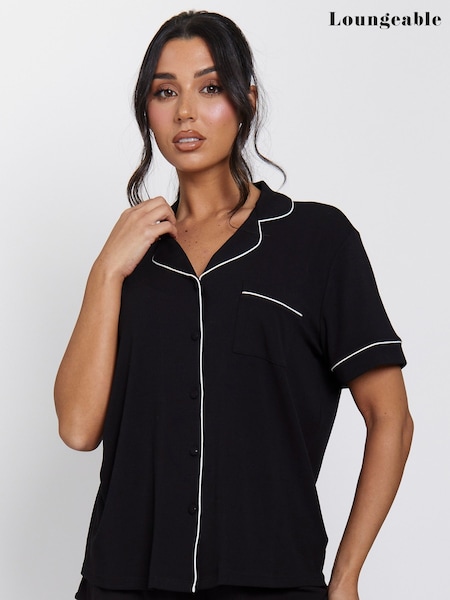 Loungeable Black Rib Short Sleeve Traditional Shirt and Long Pyjamas (F36321) | R$ 315