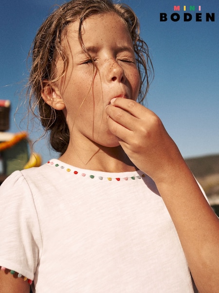 Boden White Ali Puff Sleeve Pom 100% Cotton T-Shirt (F36403) | $28 - $32