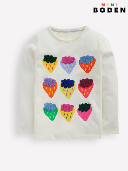 Boden White/Pink Strawberry Ari Long Sleeve Boucle 100% Cotton T-Shirt (F36405) | 52 QAR - 57 QAR