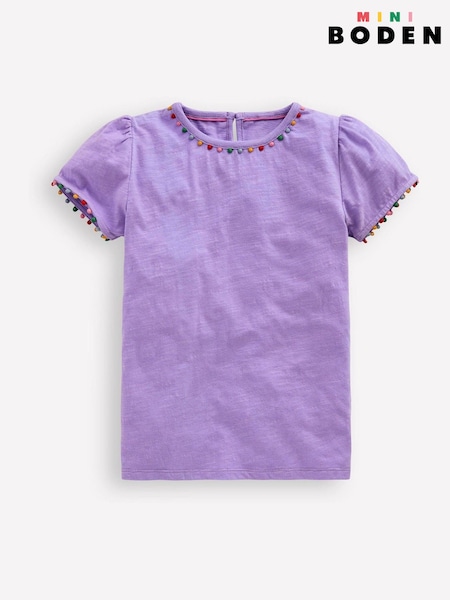 Boden Purple Ali Puff Sleeve Pom 100% Cotton T-Shirt (F36413) | $21 - $24