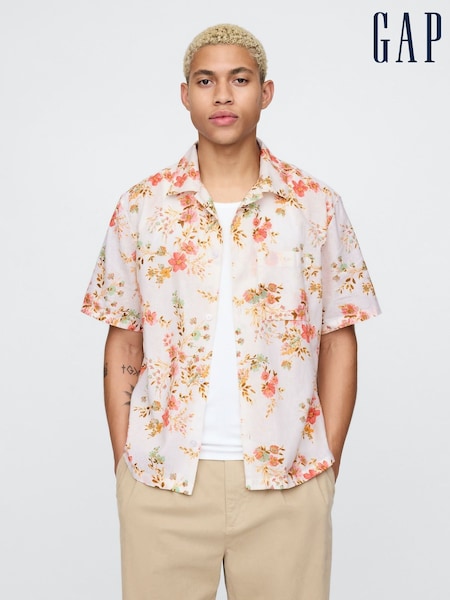Gap White Floral Linen-Cotton Short Sleeve Shirt (F36593) | €64