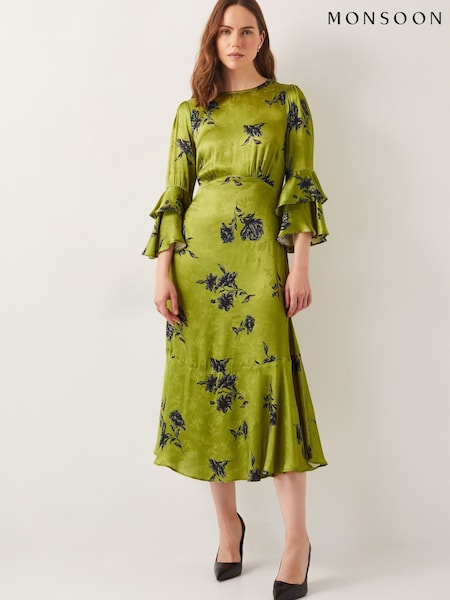 Monsoon Green Pella Satin Ruffle Midi Dress (F36618) | 7,810 UAH