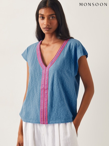 Monsoon Blue 100% Cotton Elena Embroidered V-Neck Jersey T-Shirt (F36621) | €55