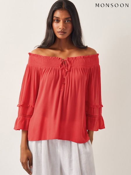 Monsoon Pink Ava Off The Shoulder Smock Top (F36635) | ₪226