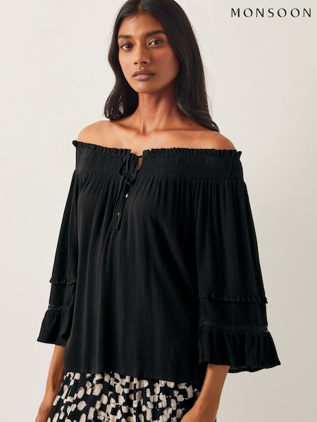 Monsoon Black Ava Off The Shoulder Smock Top (F36637) | ₪226