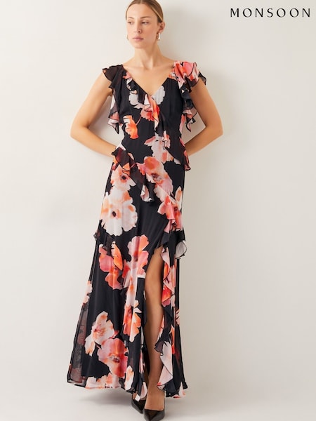 Monsoon Black Carrie Floral Print Ruffle Chiffon Maxi Dress (F36639) | ₪704