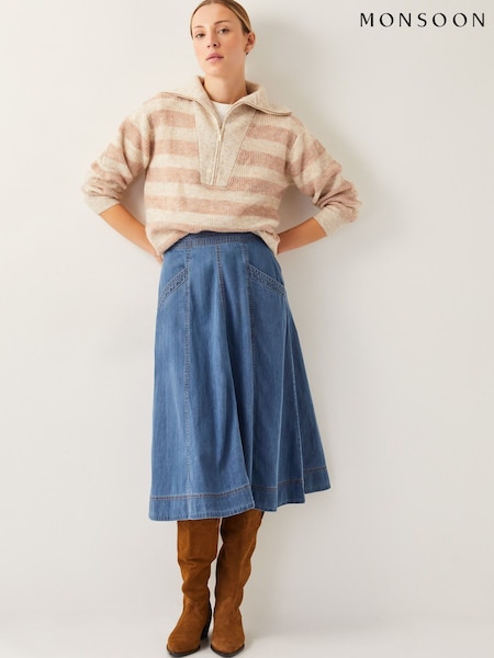 Monsoon Blue Harper Seamed Denim 100% Cotton Midi Skirt (F36644) | ₪297