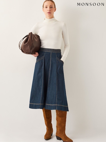 Monsoon Blue White Harper Seamed Denim 100% Cotton Midi Skirt (F36646) | €81