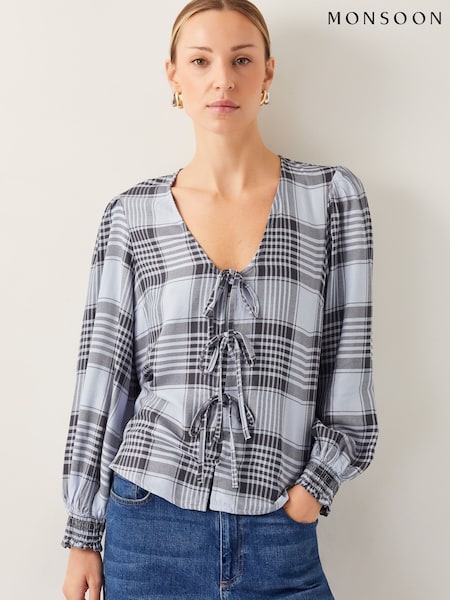 Monsoon Blue Ava Tie-Front Check Blouse (F36647) | ₪277