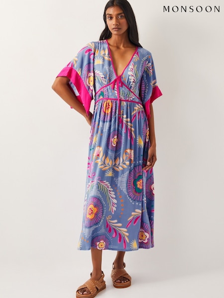 Monsoon Blue Monika Short Sleeve Floral Print Midi Dress (F36648) | €95