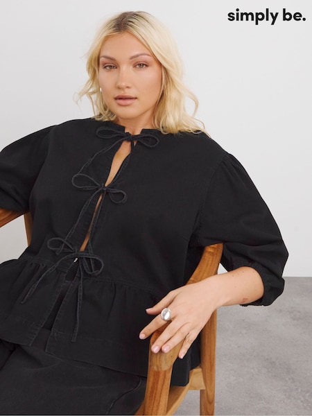 Simply Be Tie Front Denim Peplum Blouse (F36721) | 283 LEI