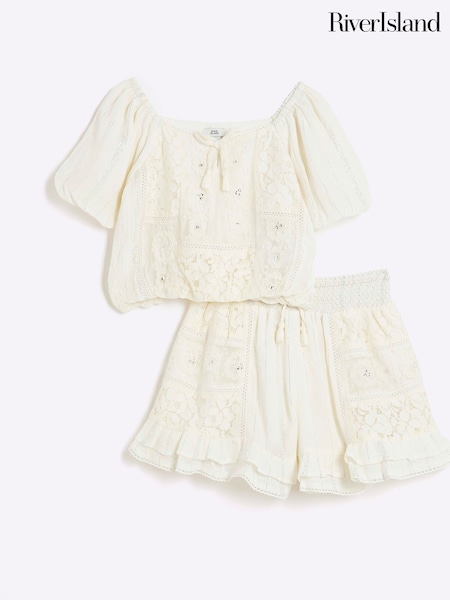 River Island Cream Girls Lace Short Set (F36780) | €34