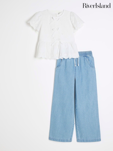 River Island White Girls 100% Cotton Broderie Blouse Trousers Set (F36791) | 2,103 UAH