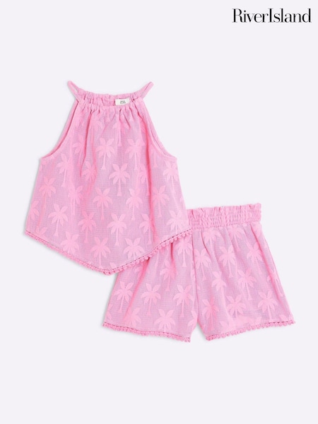River Island Pink Girls Palm Hanky Hem Shorts Set (F36792) | €29