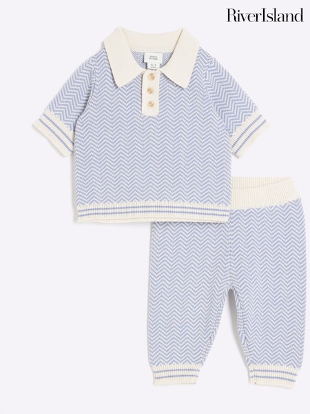 River Island Blue Baby Boys Blue Knitted 100% Cotton Polo Set (F36793) | €34