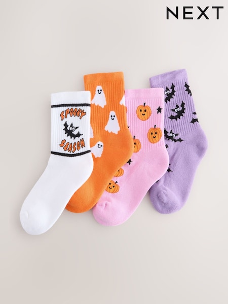Pink/Purple/White and Orange Cotton Rich Cushioned Sole Halloween Ankle Socks 4 Pack (F36918) | AED38 - AED48