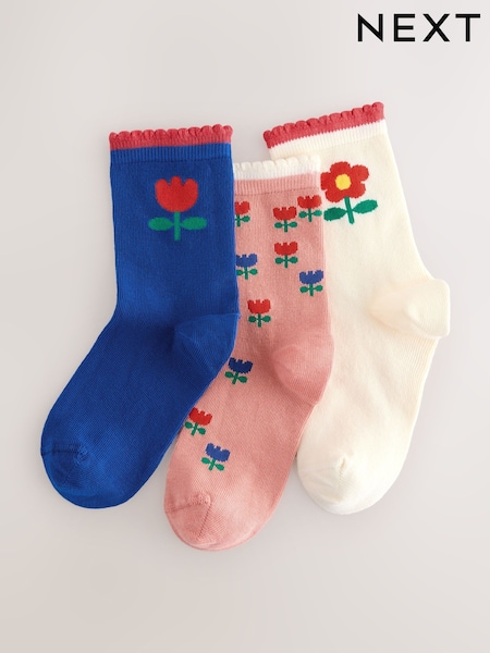 Blue and Ecru Cotton Rich Flower Print Ankle Socks 3 Pack (F36923) | € 7 - € 10