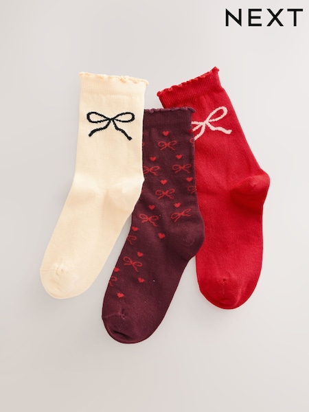 Red and Ecru Cotton Rich Bow Ankle Socks 3 Pack (F36925) | AED25 - AED36