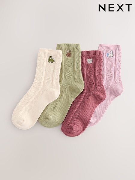 Pink, Green, Oatmeal and Plum Red Cotton Rich Cable Embroidered Ankle Socks 4 Pack (F36927) | €12 - €14
