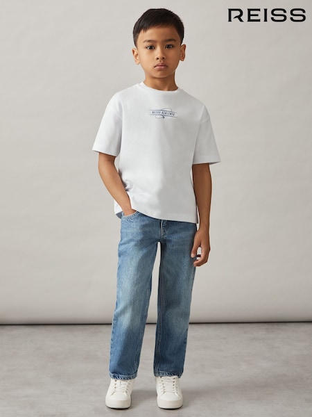 أبيض/أزرق - Reiss Ivan Oversize Cotton Airlines-Print T-Shirt (F37229) | ‏130 د.إ.‏